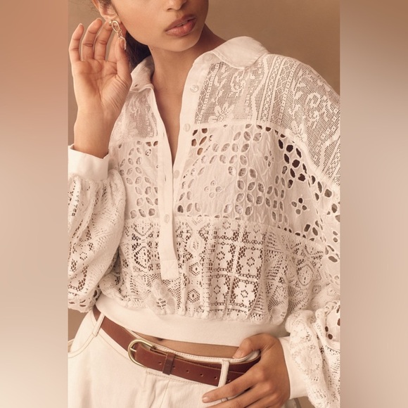 Anthropologie Pilcro Cutwork Bubble-Sleeve Shirt - Picture 4 of 9